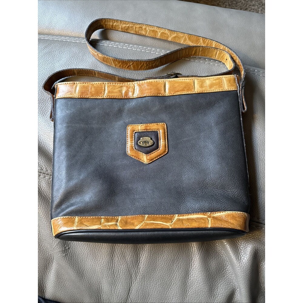 Etienne Aigner Vintage Navy BlackBrown Crocodile Print Leather Trim Shoulder Bag